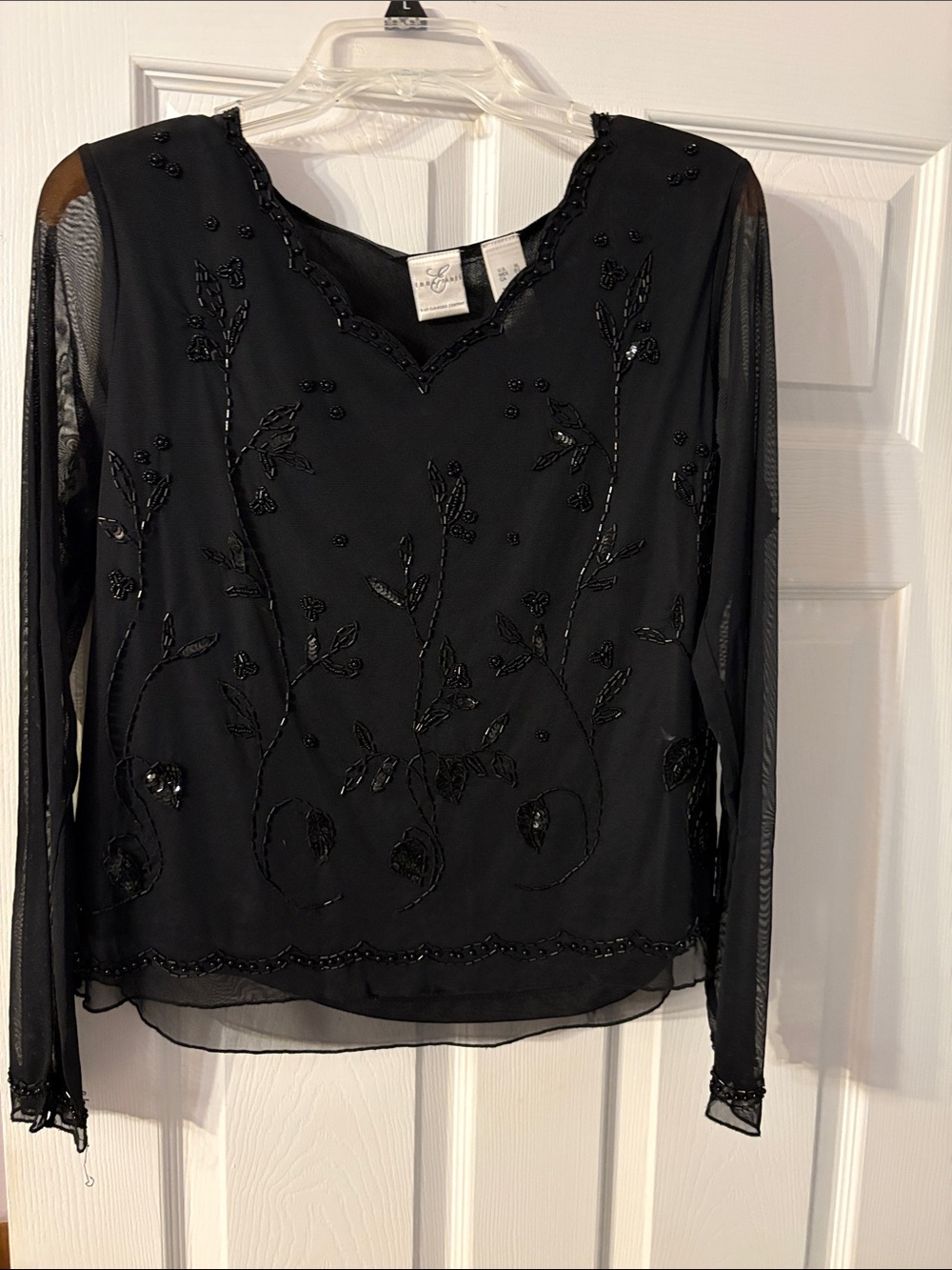 Emma James Black Beaded Floral Sheer-Panel Long Sleeve Top